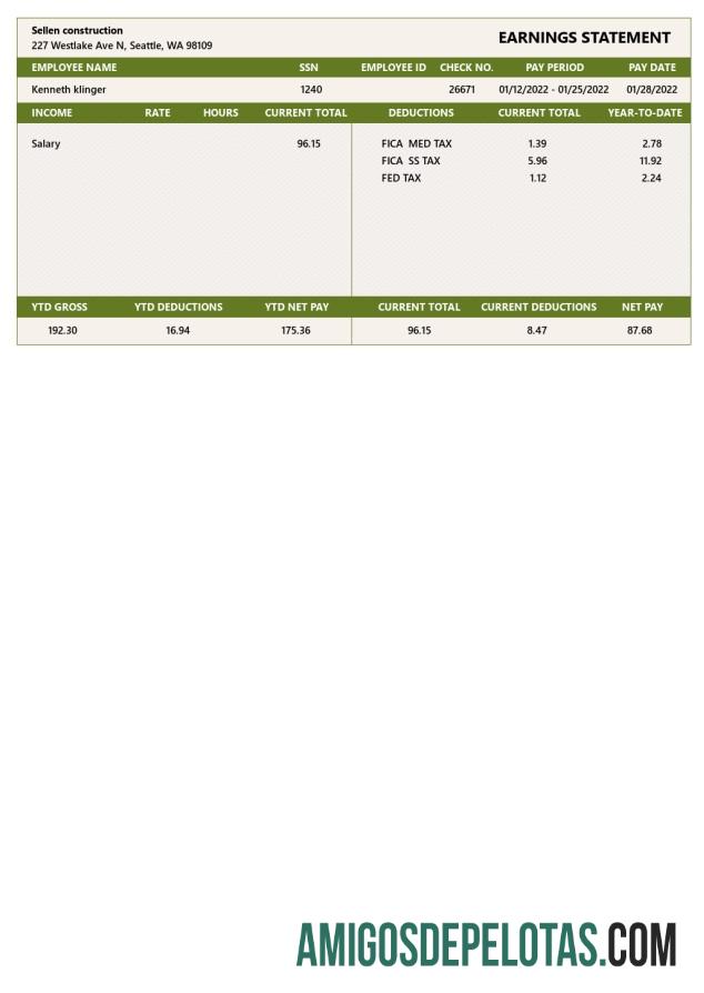 DECLARAÇÕES DE EASRNINGS DA SELLEN CONSTRUCTION em formatos PDF e Word modelo